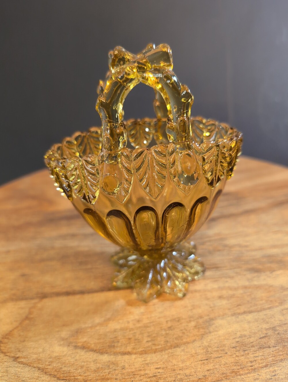 Vintage Yellow Toned Pressed Glass Basket With Leaf And Branch Pattern